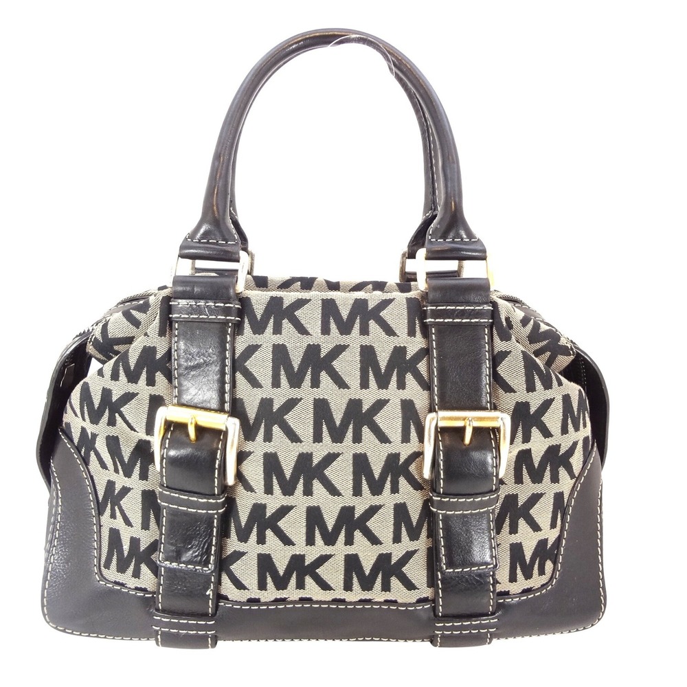 Michael Kors Brookville Satchel Bag Medium Black Beige Monogram Buckle Leather